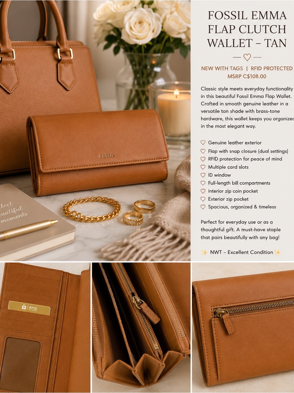 NWT Fossil Emma Flap Clutch Wallet Tan Leather RFID Organizer Clutch